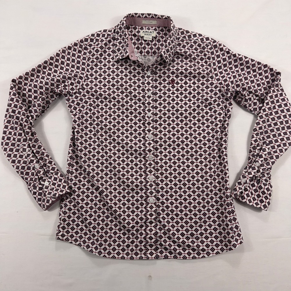 Ariat Real Fitted Shirt Geometric Cotton Stretch Western Top Size L Maroon White